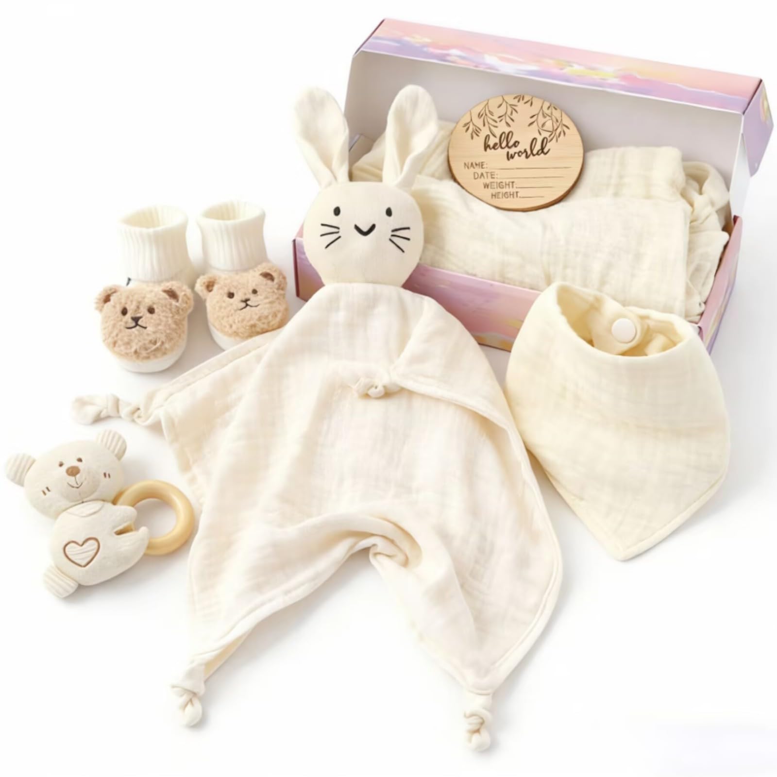 DRAKEWOOD 6-in-1 Neugeborenen Geschenkset Mädchen Junge - Baby Geschenk Geburt Neutral Baby Shower Party Geschenkbox mit Musselintücher Lätzchen Kuscheltuch Lauflernsocken Babyrassel Meilensteinkarten