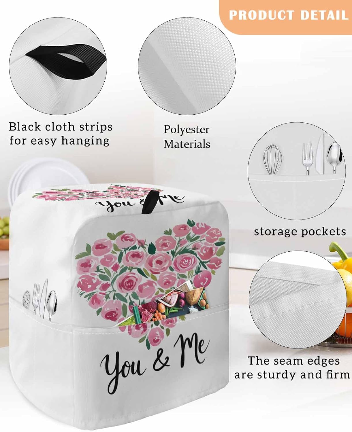 Valentine's Day Stand Mixer Cover with Storage Pocket, Waterproof Kitchen Mixer Covers, Romantic Pink Roses Love Heart Flowers Kitchen Appliance Dust Cover Compatible with 6-9 Quart Mixers