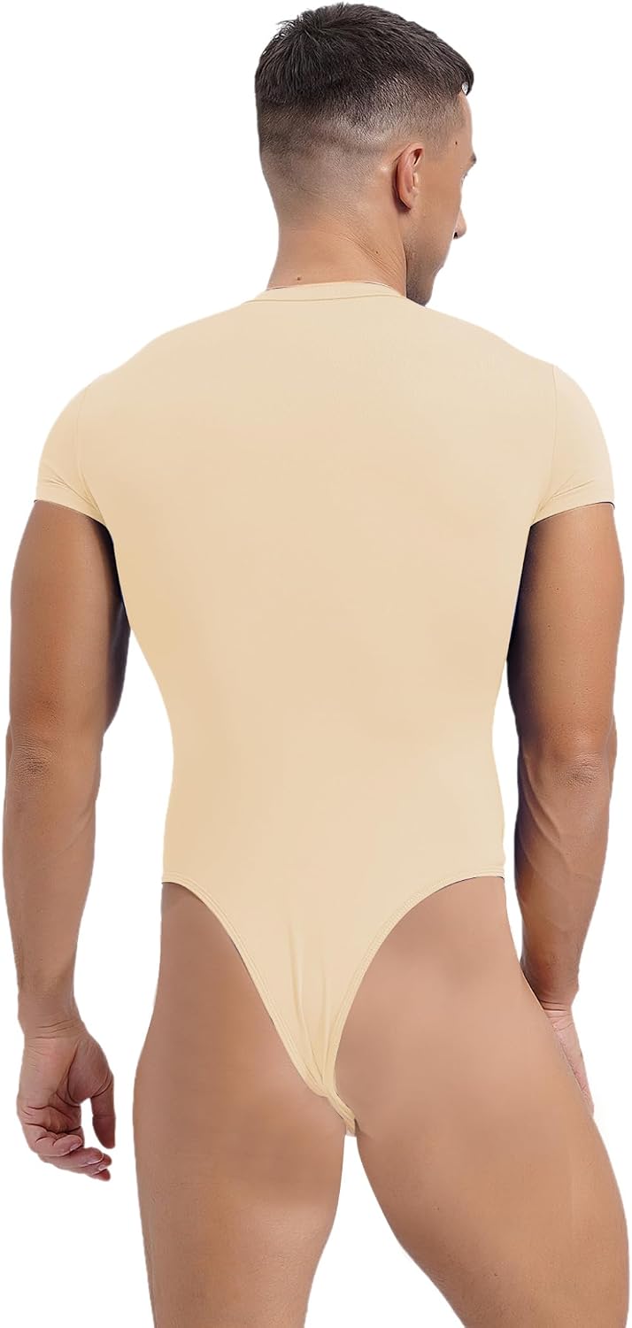 Jelory Mens Short Sleeve Undershirt Stretch Button Crotch Jumpsuit Mankini Rompers Athletic Supporters Beige Large