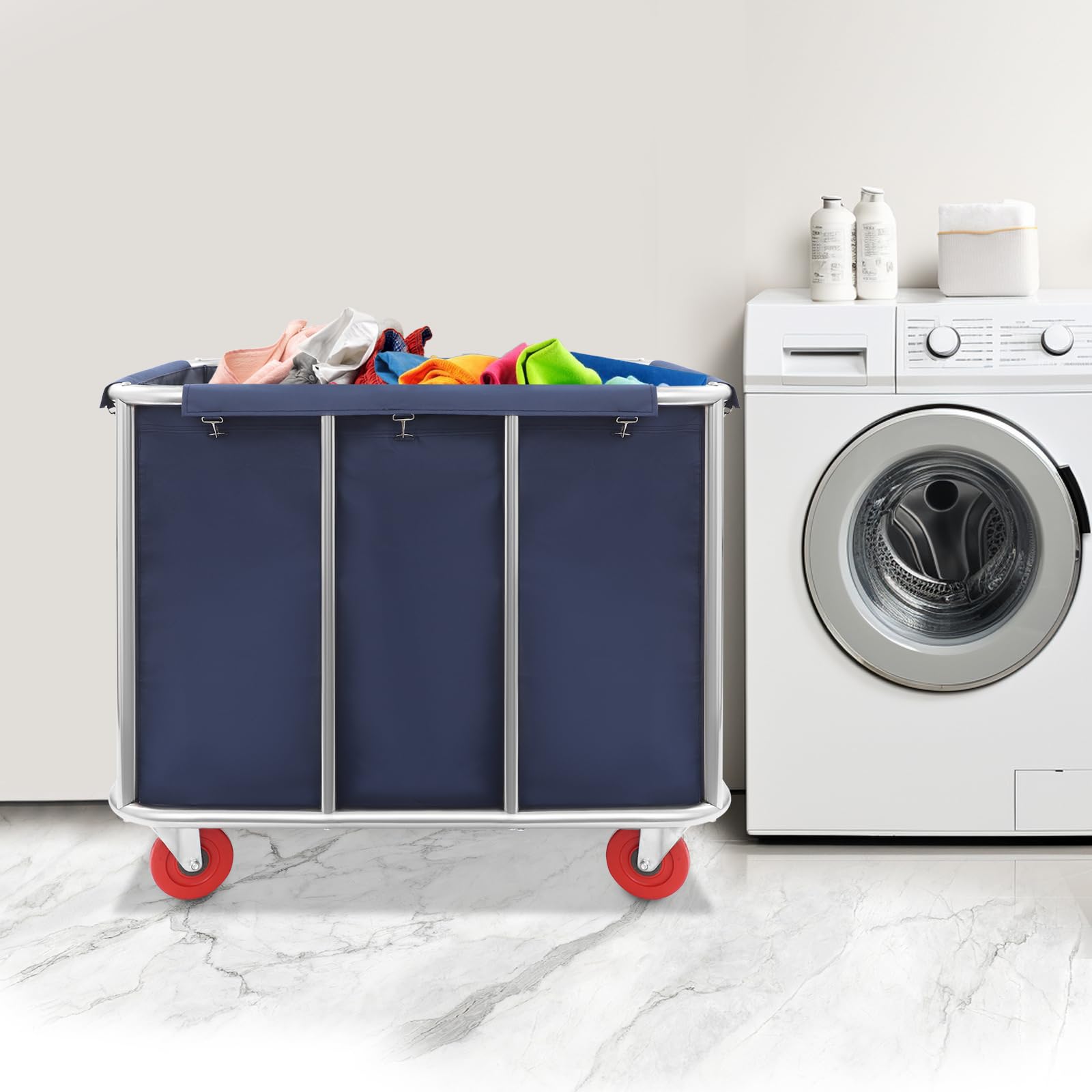 Carro de lavandería de acero inoxidable con ruedas, clasificador de ropa portátil con capacidad de carga de 200 kg, bolsa interior extraíble y gancho, para hotel, hogar, lavandería, 90 x 65 x 80 cm