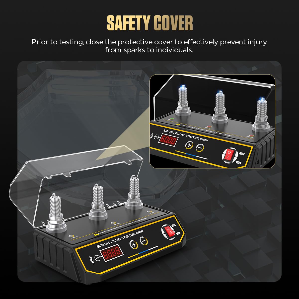 SPT301 Professional Spark Plug Tester, Bench Top Ignition Tester with 200-9000 RPM Simulator, Digital Display & 3-Hole Comparative Test, Safety Cover for Automotive Mechanic Shop