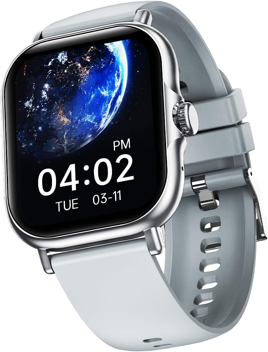 pTron Newly Launched Reflect Callz 2.01" Smartwatch with Bluetooth Calling, Full Touch Square Display, 600 NITS, Functional Crown, 100+ Watch Faces, HR, SpO2, 5 Days Battery Life & IP68 (Silver/Grey)