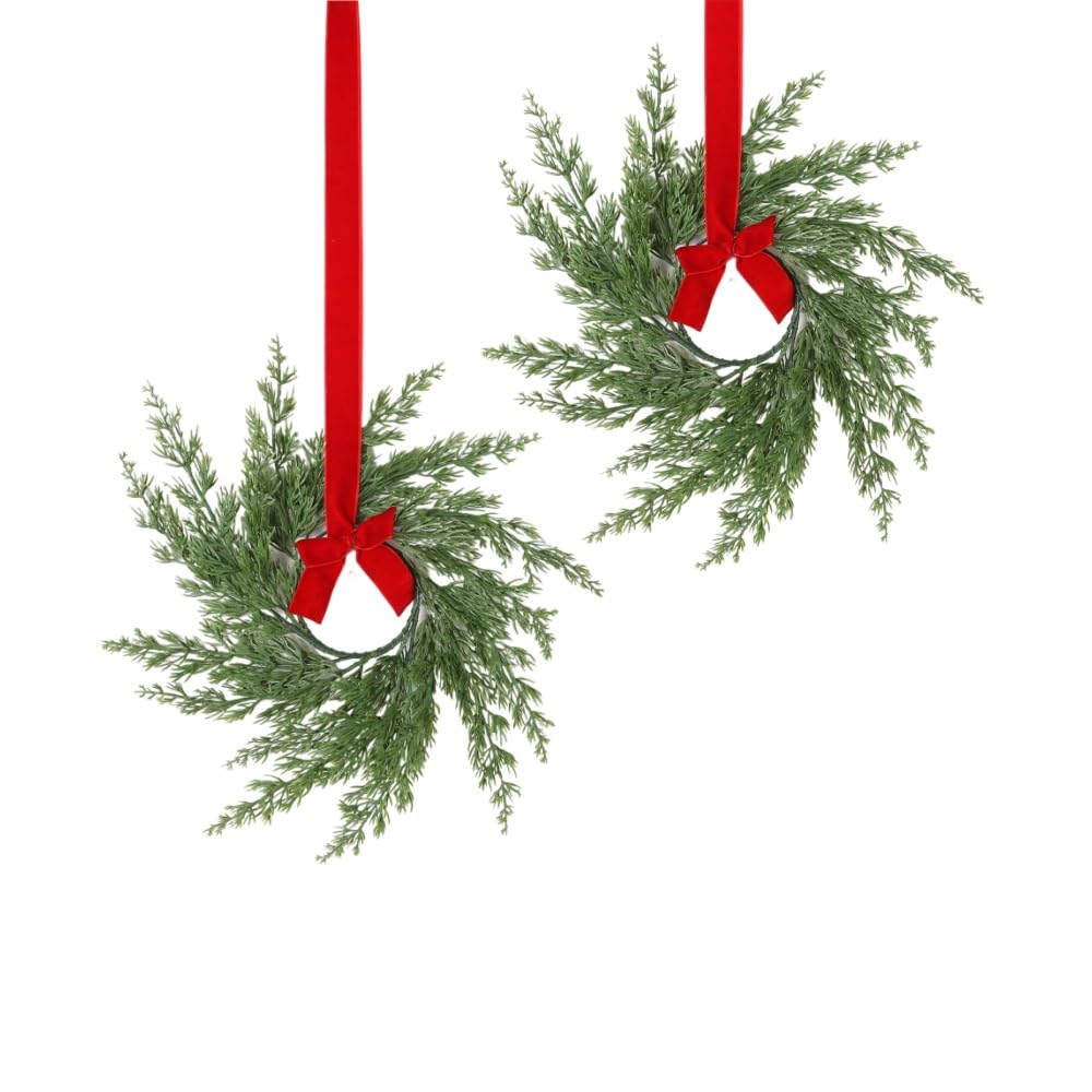2 Pack Christmas Cabinets Wreaths for Kitchen Mini Cedar Pine Wreaths with Ribbon Artificial Greenery Hanging Garlands with Red Berries for Xmas Farmhouse Front Door Window Chair Decoration (Green)
