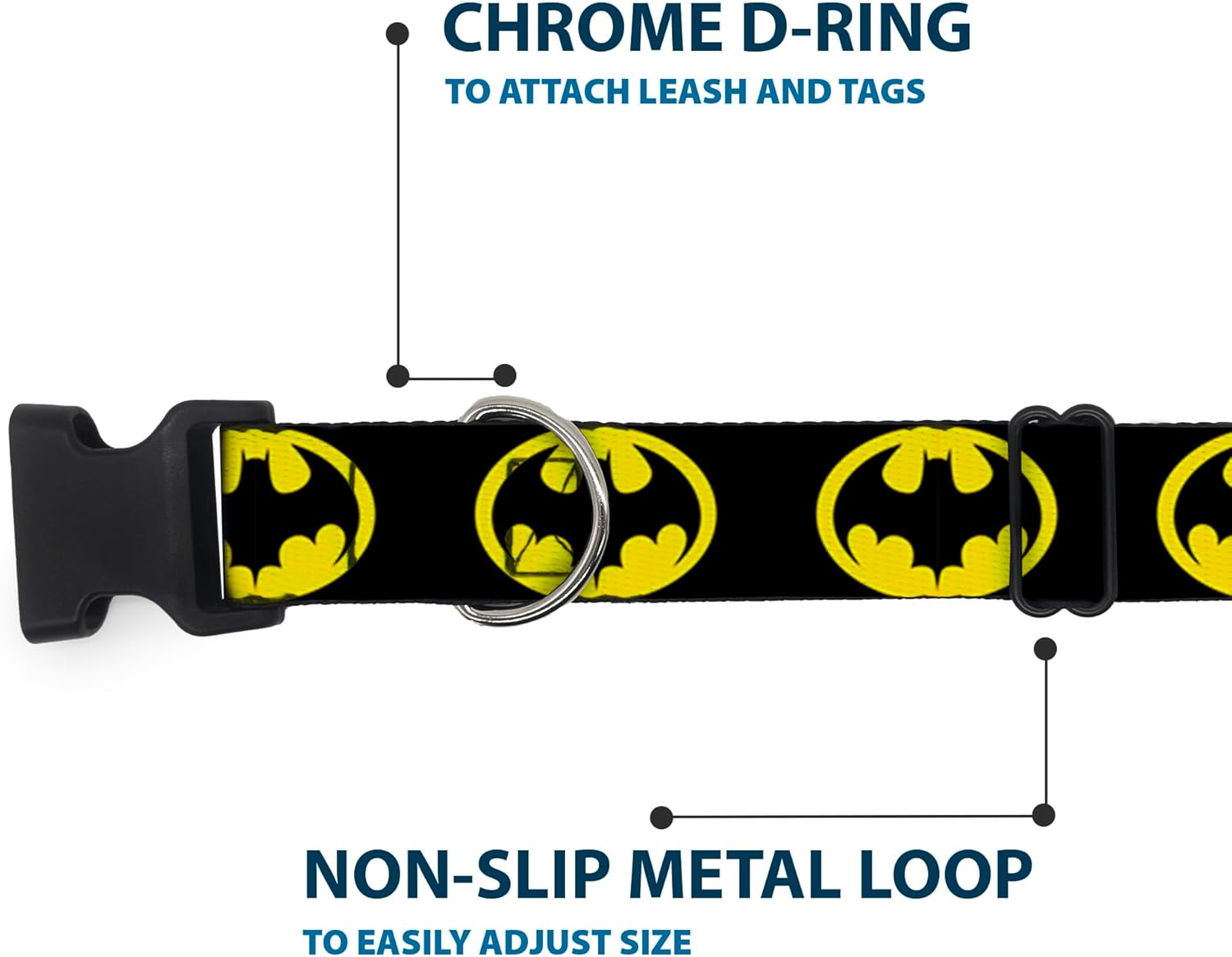 DC Comics Dog Collar with Plastic Buckle, Quick Release, Easy Adjustable, Batman 1989 Logo Black Yellow, 16 to 23 Inches 1.5 Inch Wide