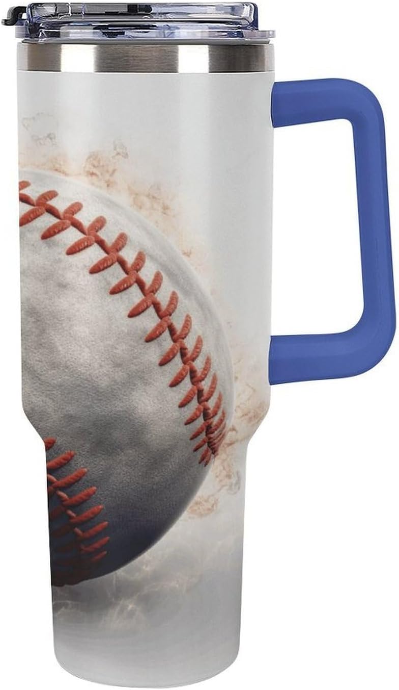 Baseball Tumbler Stainless Steel Large Car Cup with Handle&Straw Lid Portable Coffee Cup Leak-proof Water Bottle Insulated Vacuum Travel Mug for Home Outdoor 40oz