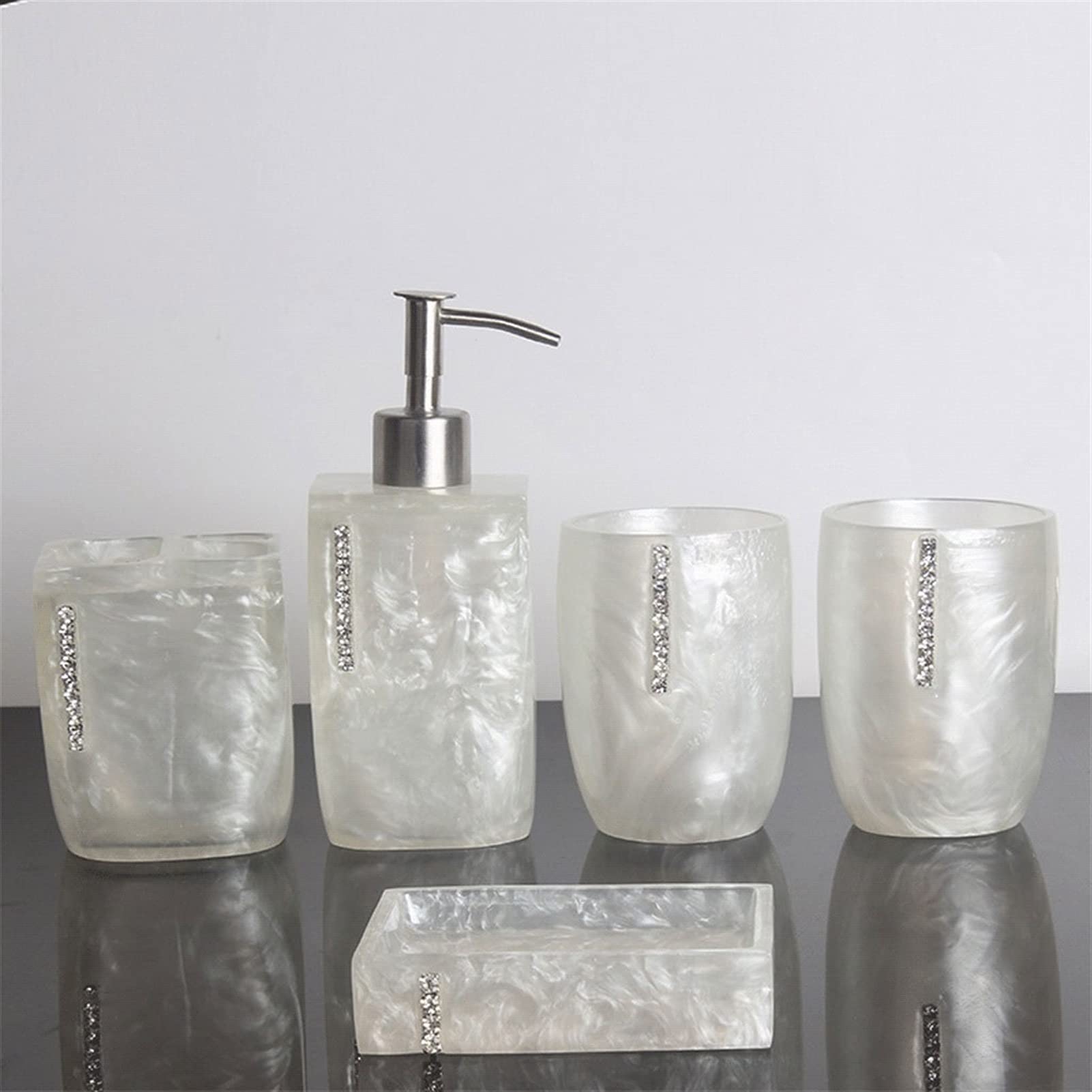 Juego de 5 accesorios de baño con tachuelas de diamante, kit de suministros de baño, dispensador de jabón, soporte para cepillo de dientes, jabonera y juego de tazas de jabón