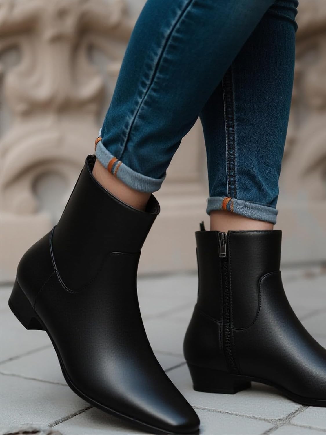 Coutgo Womens Booties Low Heel Ankle Boots Square Pointed Toe Chunky Heel Side Zipper Dressy Fall Boots Shoes - Image 2