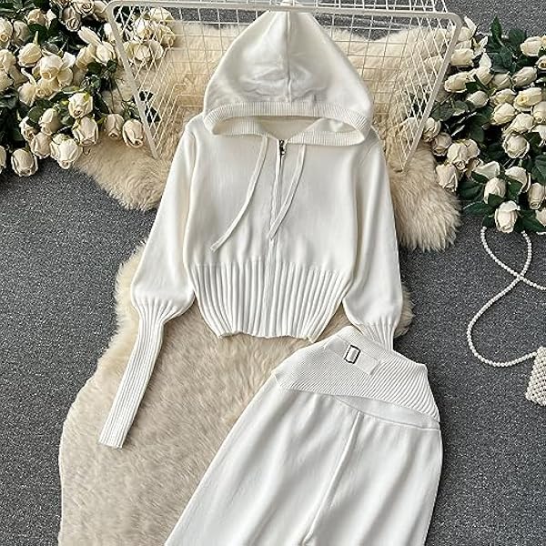 DUOTCYELE Set Due Pezzi in Maglia Sciolta - Set Maglione Sportivo Autunnale Abito Casual Lavorato A Maglia Streetwear Felpa con Cappuccio Set Lavorato A Maglia Cerniera Top A Maniche Lunghe E Panta