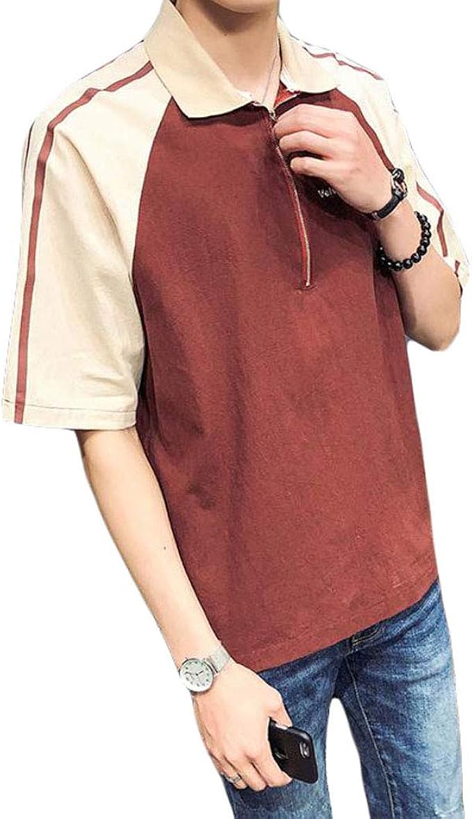 Amazon Gergeousメンズ Tシャツ 半袖 ゆったり カットソー ファスナー付き 折り襟 ファッション Tシャツ カジュアル サイドライン おしゃれ トップス 大きいサイズ ストリート 夏 Tシャツ カットソー 通販