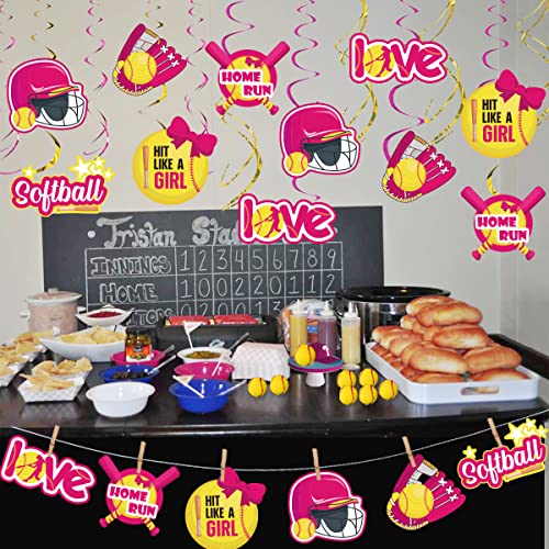 36 Pack Softball Party Decorations For Girls - Softball Themed Hanging Swirls Ceiling Streamers Sports Club Competitive Party Supplies Pink And Yellow #TOP2