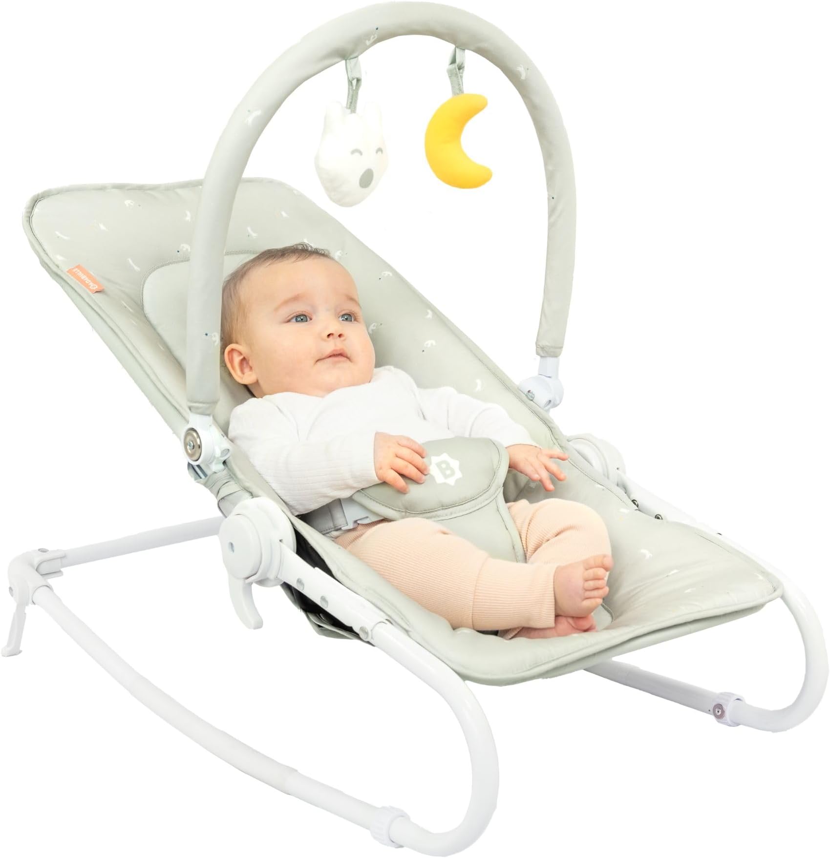 Folding Baby Bouncer Chair Lichen - Adjustable Padded Backrest - Fixed or Rocker - 3-point safety harness - Detachable play arch - Removable cover