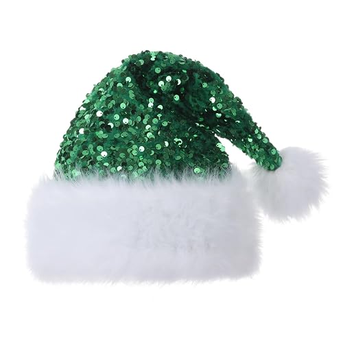 Slsxip Personalized Sequin Santa Hat for Adults, Red Glitter Christmas Party Hat, Xmas Halloween New Year Holiday Headwear - Green