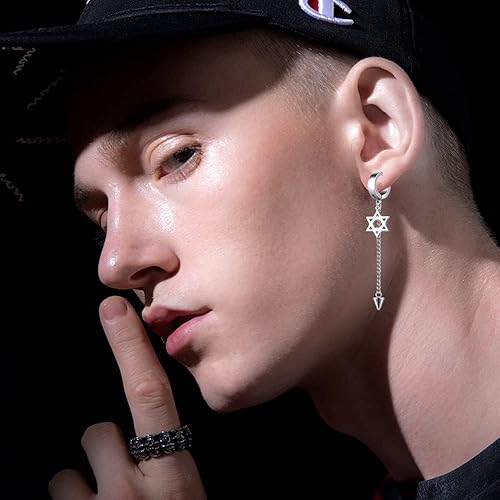 Miniatura 6 de Juego de 5 pares de aretes de aro de acero inoxidable negro sin perforación, remaches cruzados y borla para mujeres, hombres, niños y niñas, aretes