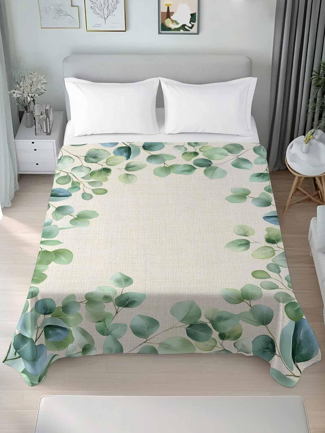 Top Sheet Twin XL Bedding Flat Sheet Only, Vintage Eucalyptus Leaves on Linen Microfiber Bed Sheets Soft Breathable Bedding Flat Sheets, Country Green Leaf Hotel Luxury Top Sheets