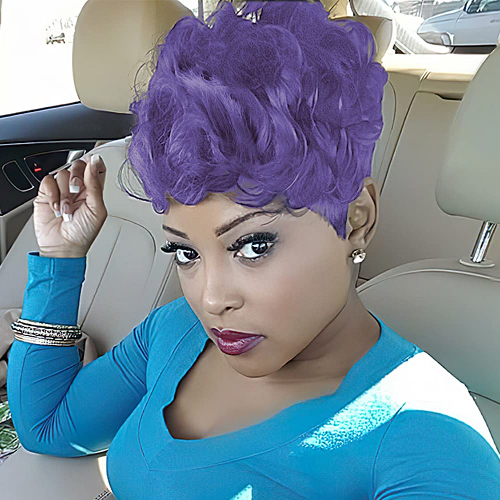 Purple Pixie Cut Wigs for Black Women Short Pixie Curly Wig Purple Pixie Wig with Bangs Fluffy Short Cut Wigs for Black Women Synthetic Short Pixie Purple Color Layered Wigs for Women(Light Purple)