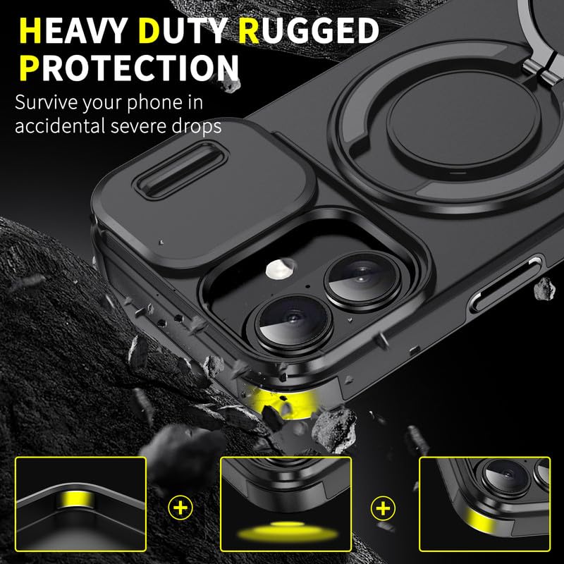 Image of LuxuryKase Shockproof Rugged Case for iPhone 17 | Slide Camera Cover | 360 Rotating Ring Kickstand | Military-Grade Protection - Matte Black