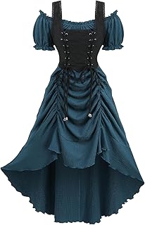 Rosegal Women Plus Size Steampunk Renaissance Costume Dress Cold Shoulder Ruffles Lace-up High Low Dress