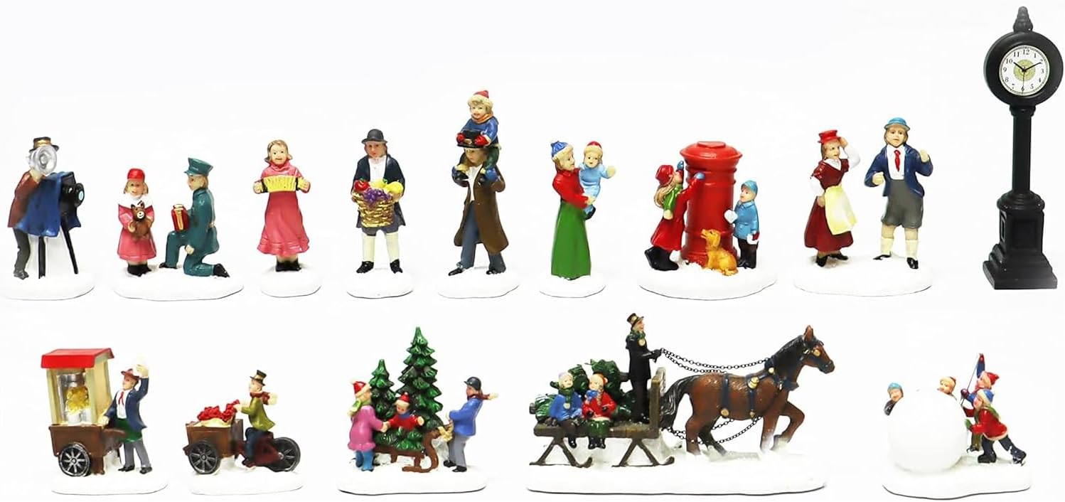 MOMENTS IN TIME Christmas Village 30 Piece Set Miniature Town with LED Lights Battery Operated Holiday Décor Handcrafted Mini Houses, Church & Figurines for Christmas Display