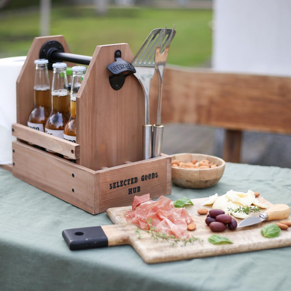 Grill-Caddy-Organizer aus Holz – vielseitiger Grill-Caddy für Outdoor-Grill – tragbarer, rustikaler Gewürz- und Papierhandtuchhalter aus Holz mit Flaschenöffner für Picknick und Grillen