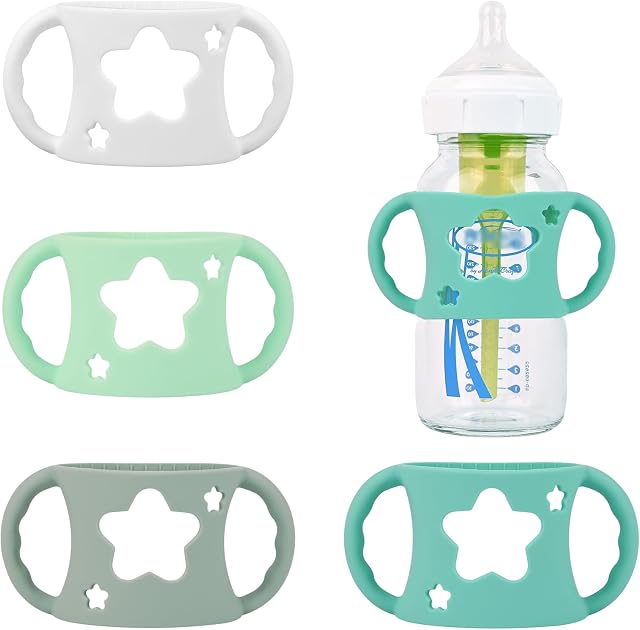 4 Poignées de biberon en silicone pour les biberons à large cou de Dr Brown (blanc+bleu+vert+gris)