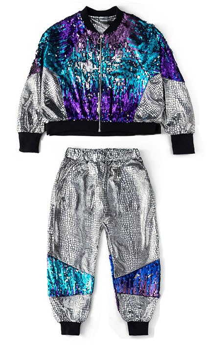 Boys' Girls' Sequin Bomber Jackets & Pants，Long Sleeve Zip up Jacket and Pants，Sparkle Sequin Outfit for Kids