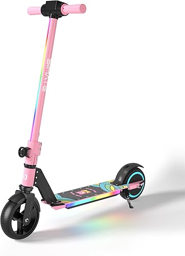 SIMATE Patinete eléctrico para niños, scooters eléctricos motorizados con luz delantera colorida y luces de pedal, pantalla LED y plegable, sistema