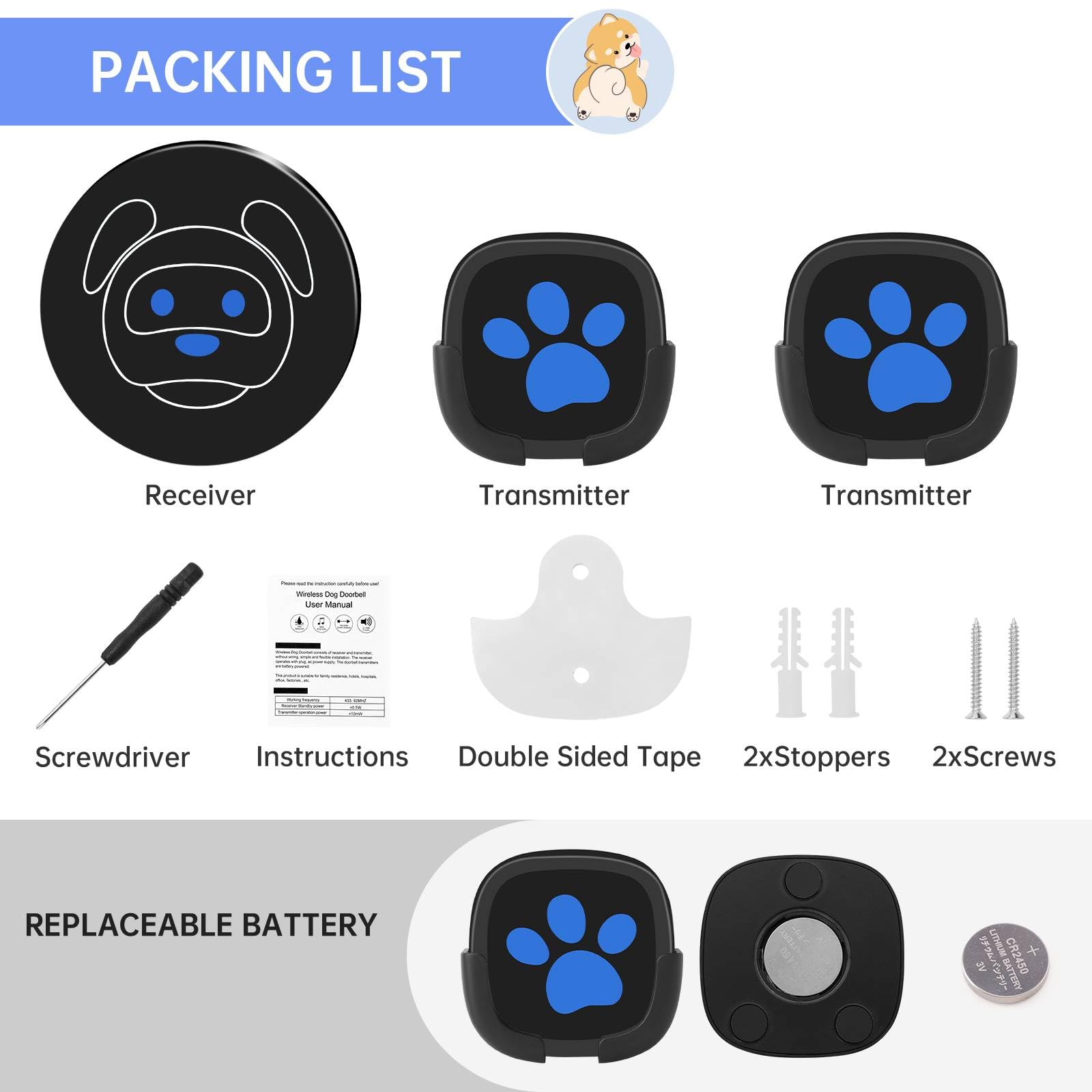 Sonnette sans Fil pour Chien, Sonnette pour l'extérieur, Boutons étanches IP55, 55 mélodies, 4 Niveaux de Volume et portée de 290 m (Noir, 1 récepteur, 2 émetteurs)
