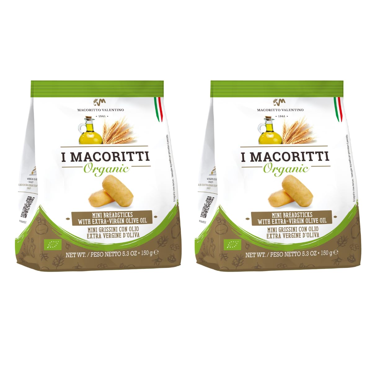 I Macoritti Organic Breadsticks with Extra Virgin Olive Oil - Authentic Italian Snack, Zero Sugar, Oven-Baked, Non-GMO, Preserve Free, Made in Italy - 5.3 oz, Pack of 2