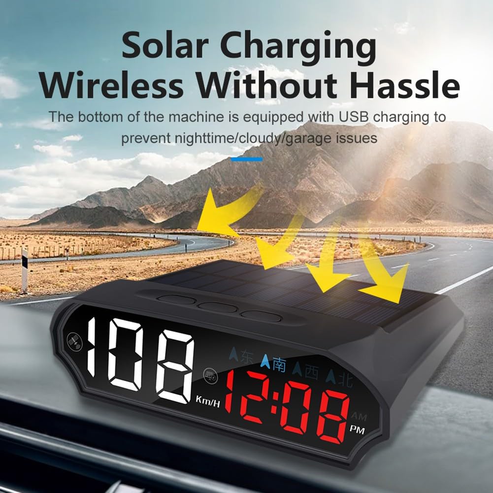 Tachimetro GPS a energia solare con bussola per auto, display a colori a LED HD, accensione e spegnimento automatico, km/h, adatto alla maggior parte dei veicoli, supporto HUD da cruscotto