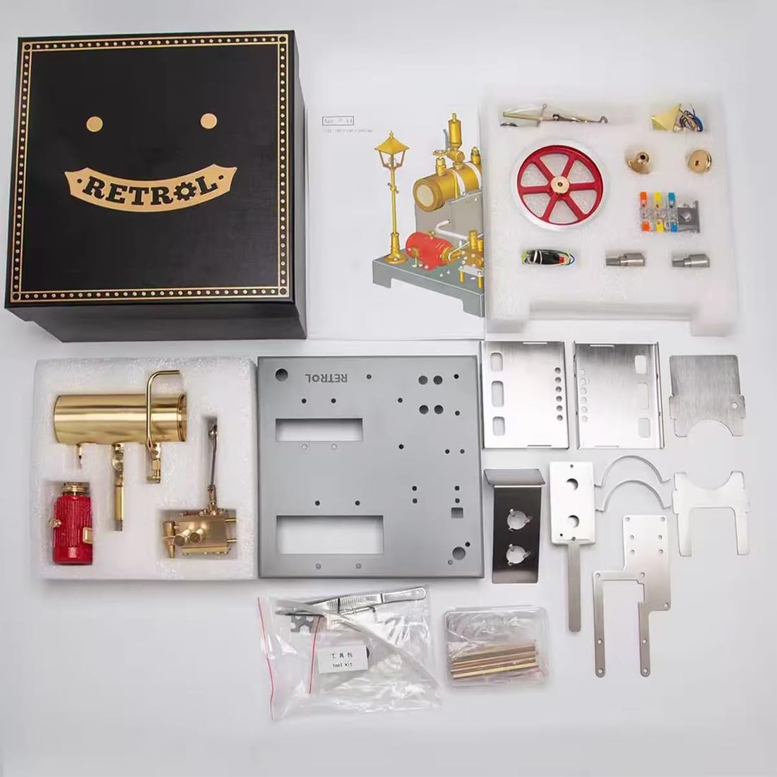 Retrol SE-02 Dampfmaschinen-Modellbausatz, 100-teiliger Vollmetall-Bausatz mit reversibler horizontaler Dampfmaschine, Kessel, Generator und LED-Straßenlaterne für MINT-Bildung und als Geschenkidee