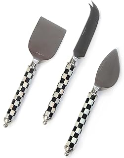 MACKENZIE-CHILDS Supper Club Cheese Knife Set, Stainless-Steel Cheese Slicers, Charcuterie Accessories, Set of 3, Black-and-White Courtly Check