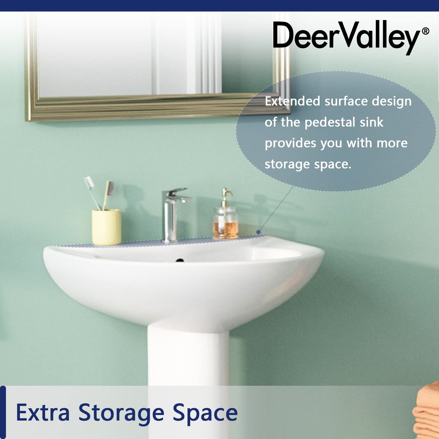 DeerValley Lavabo de pie Lavabo con Pedestal en Cerámica Blanco, con desbordamiento y agujero único preperforado(80 * 52 * 44cm)