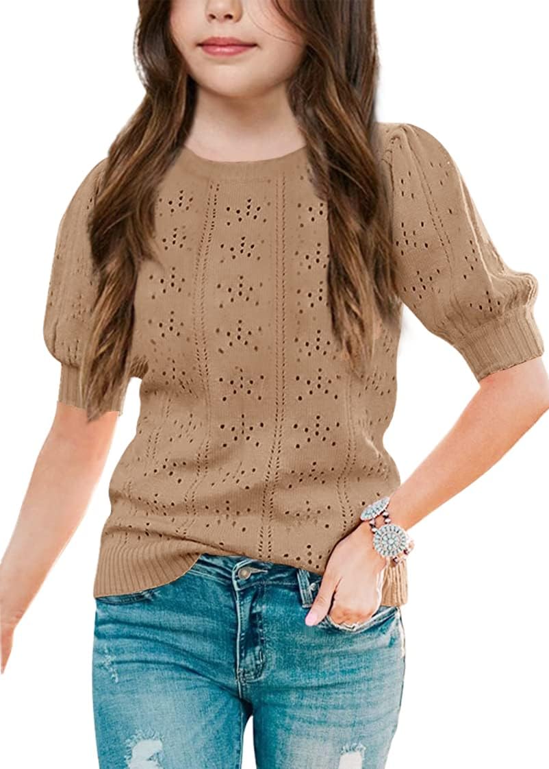 Batermoon Girls' Puff Short Sleeve Sweaters Crewneck Hollow Out Knit Pullover Tops