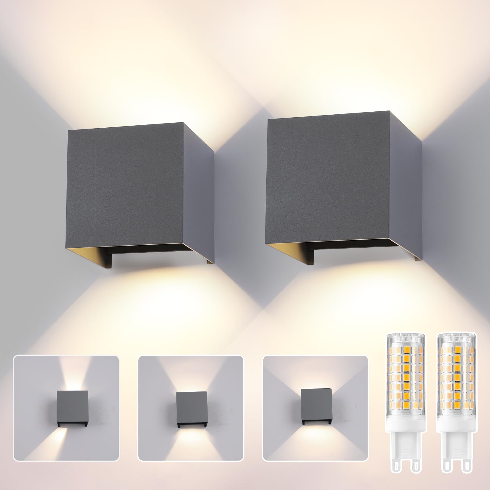2 Pcs Aplique de Pared Exterior Interior Bombilla LED G9 Reemplazable IP65 Impermeable Lámparas de Pared 3000K Luz Cálido Apliques de exterior cuadrada de aluminio Ángulo de luz ajustable Antracita — view 31
