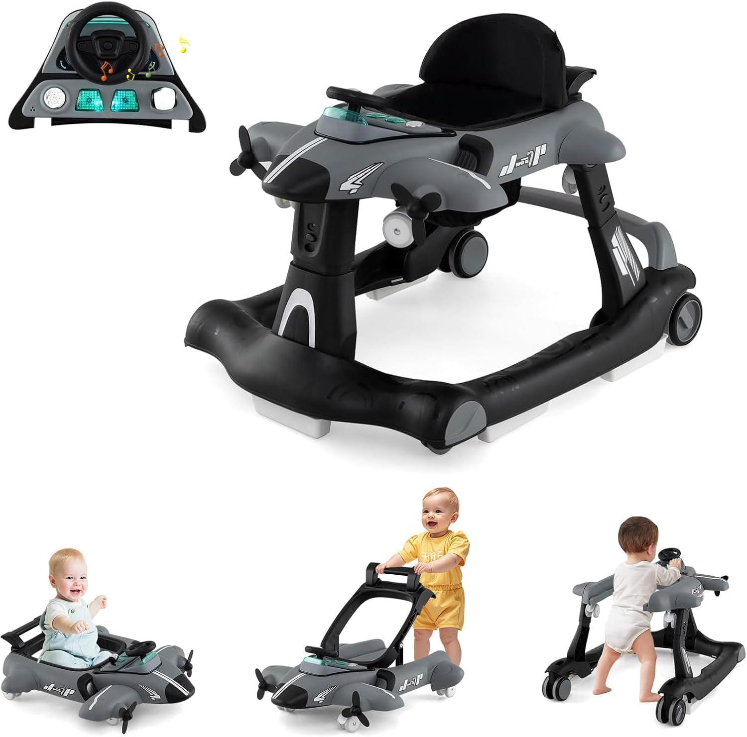 RELAX4LIFE 6 en 1 Andador Bebés Plegable con Altura y Velocidad Ajustables, Tacata Bebe con Asiento Acolchado, Música, Luces y Bandeja de Juguetes para Niños 6-18 Meses, 72,5x64x52/53/54cm (Gris)