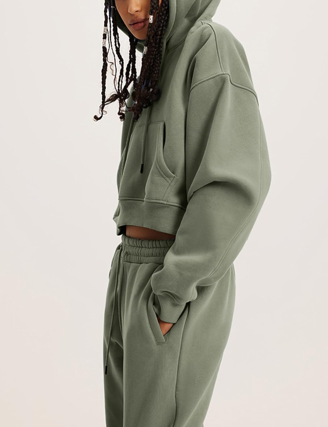 Flygo Womens Fleece 2 Piece Outfits Sweatsuit Crop Pullover Sweatshirt Joggers Pants Tracksuit Set - Image 3