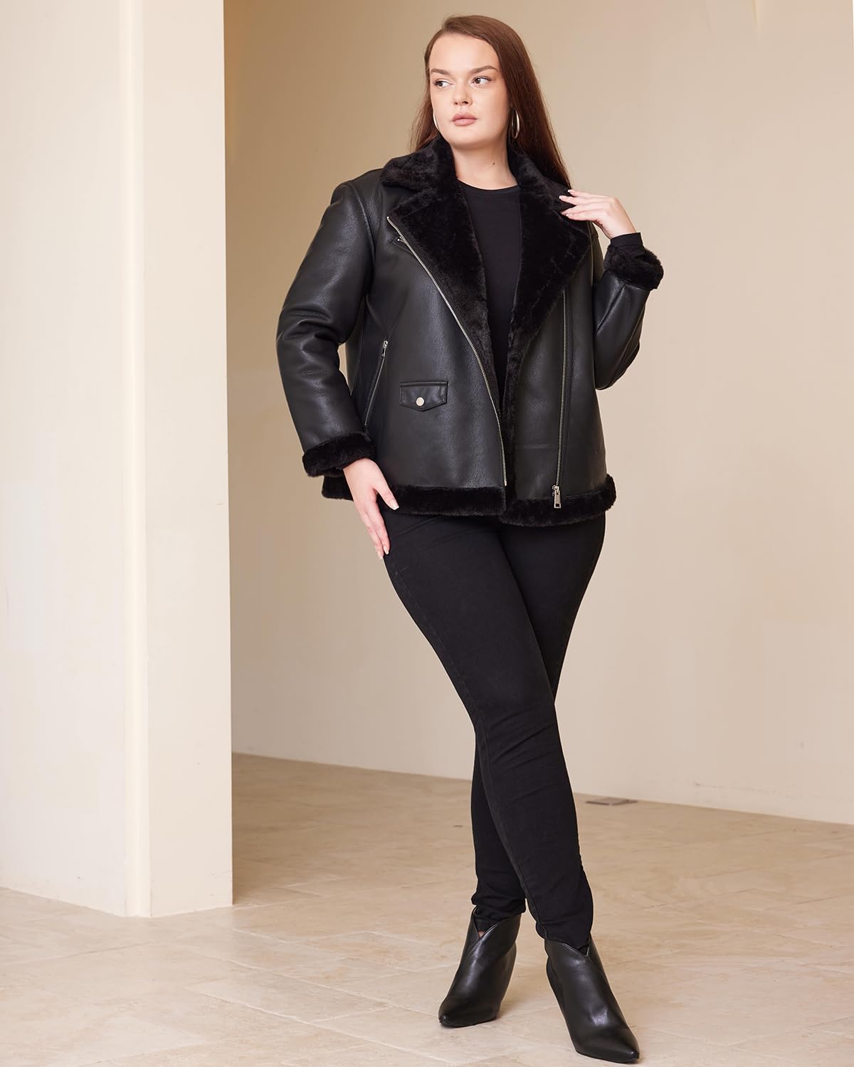Women Faux Fur Leather Jacket Plus Size Loose Shearing Motorcycle Outwear Fur Lined Coat - Image 3
