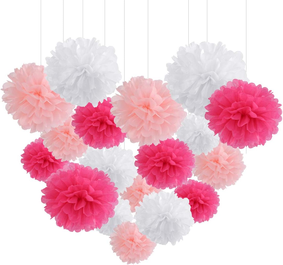 Yahong - 18pcs Assortment - Party Tissue Paper Pom Poms, Paper Flower, Perfect for Wedding, Birthday Party, Baby Shower, Table and Wall Decoration, Pink and White Mix, 8, 10, 12 Inch