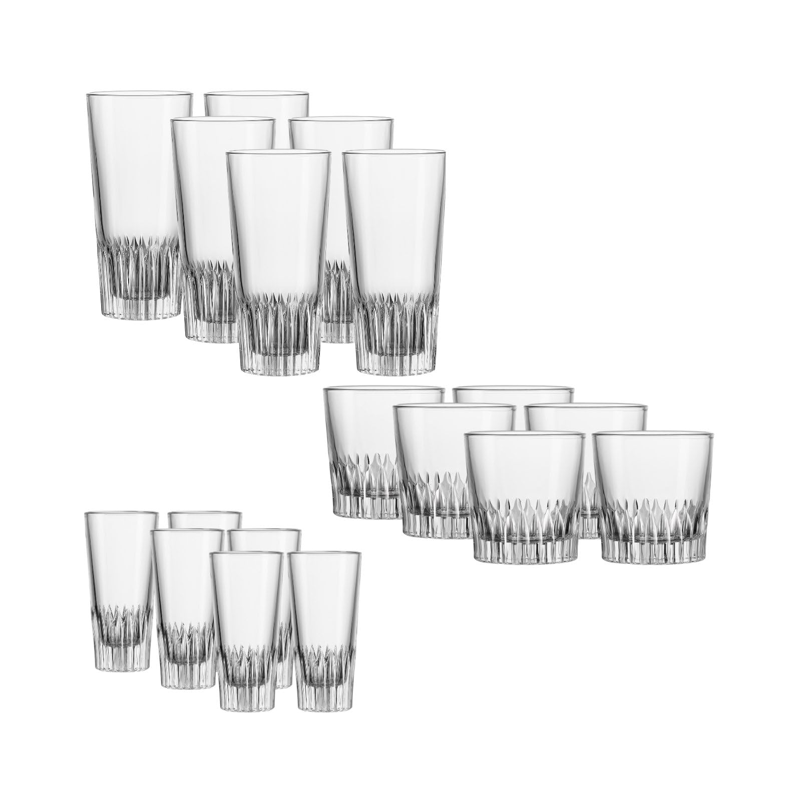 Ritzenhoff & Breker Bargläser-Set Bergamo | 18-teilig | Trinkgläser mit Außenrelief, Dicker Eisboden, Je 6x Longdrinkgläser Whiskygläser und Schnapsgläser, Spülmaschinenfest