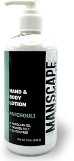 MANSCAPE Hand and Body Lotion | Paraben-free Moisturizer with Moroccan Argan Oil | Cocoa and Shea Butters | Botanical Soothing Oils | Natural | Vegan (12oz bottle, Patchouli)