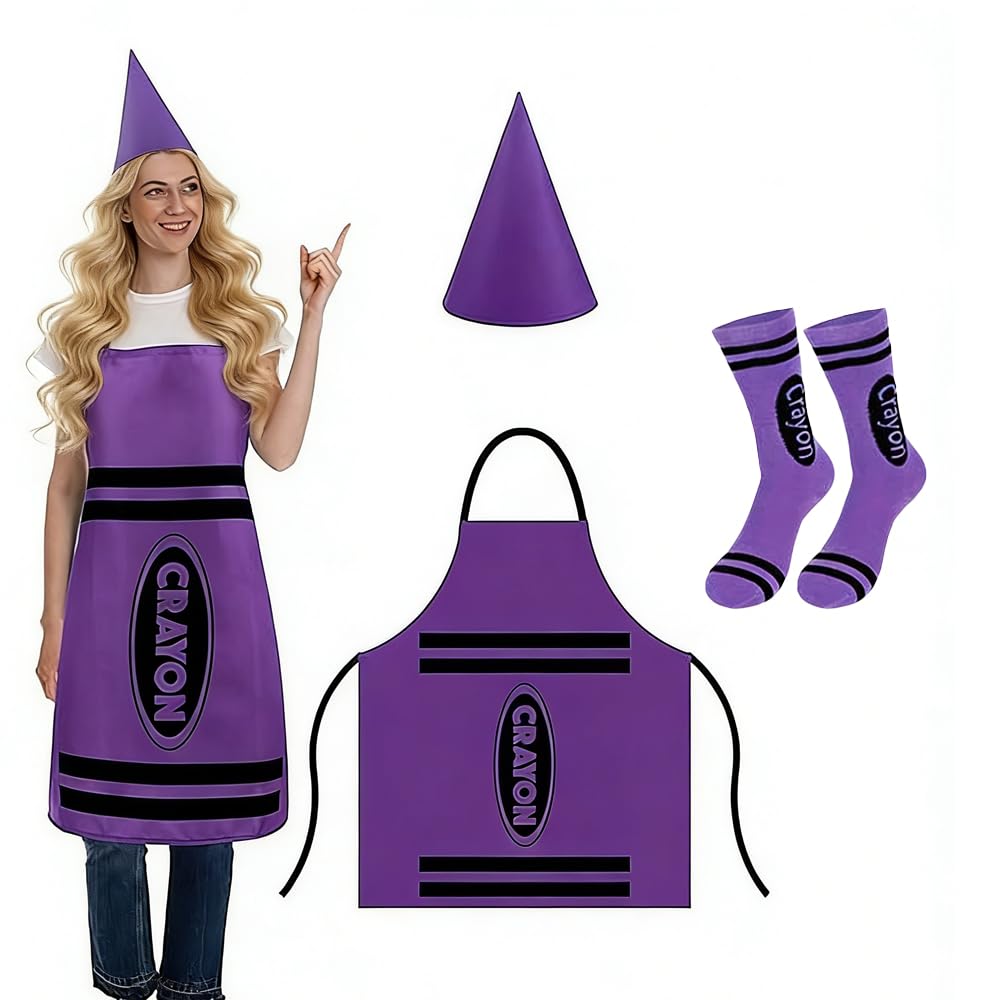 CYZTD Crayon Costume Adult Set,Orange Crayon Fancy Dress with Apron,Cone Hat & Socks,World Book Day Costumes for Women Men,Halloween Cosplay Outfit for Themed Parties,Christmas,Book Week (Purple)