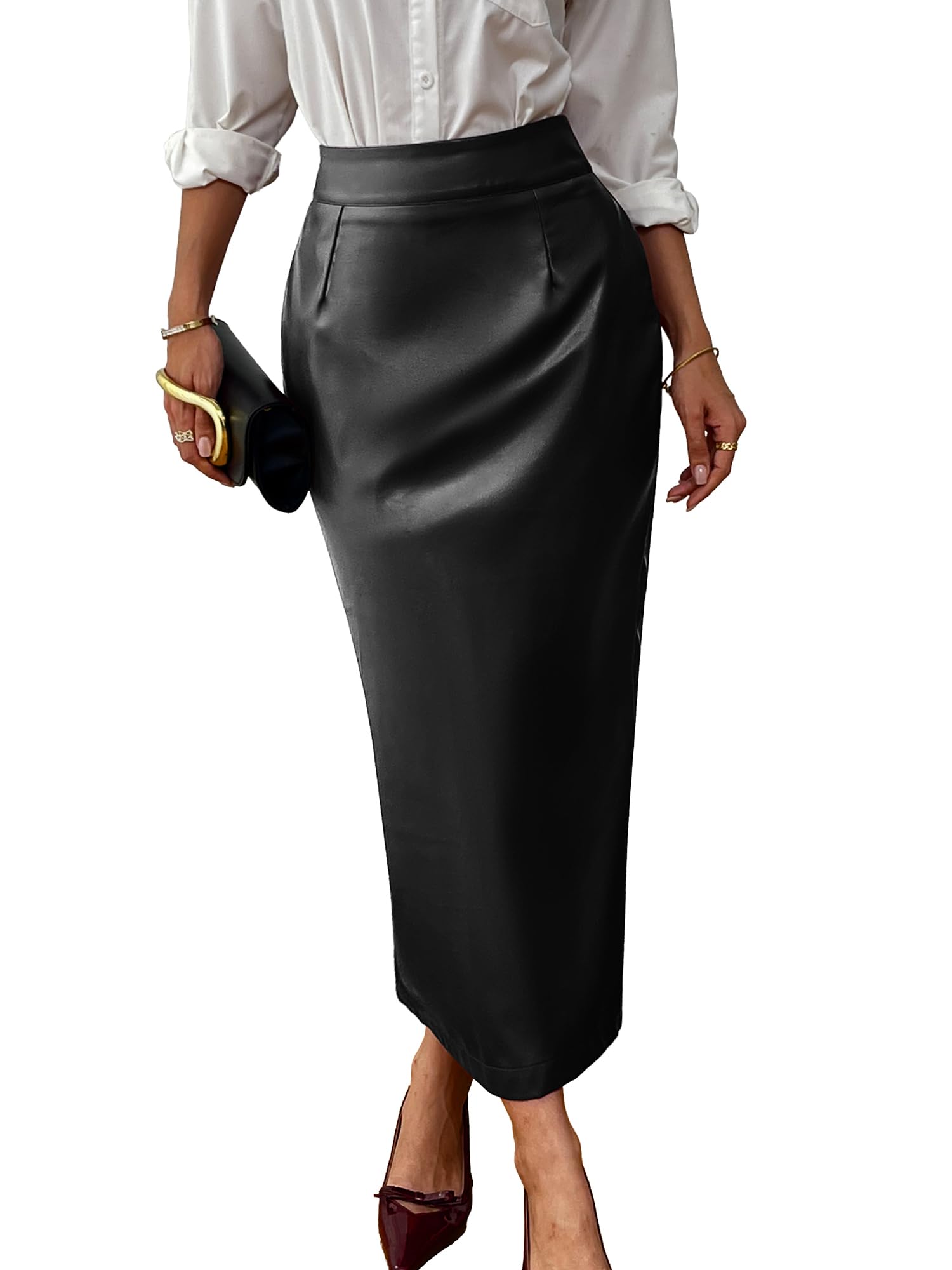 Pencil Faux Leather Midi Skirt Bodycon High Waist Stretch Slim Office