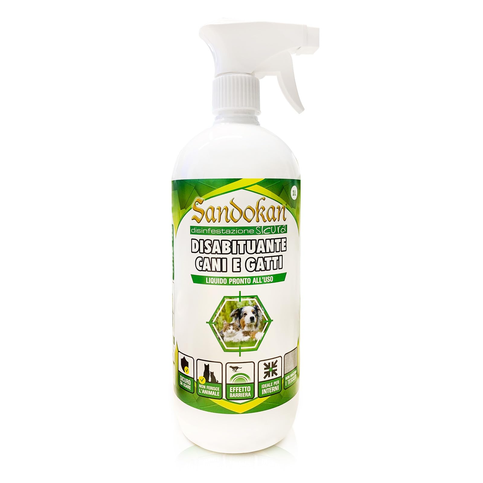 Sandokan, Disabituante Cani e Gatti Spray 1L, Repellente per Gatti e Cani Educativo No Gas, Dissuasore per Gatti e Cani Liquido per Esterno e Interno, Non Tossico, Sicuro Per Animali, Made in Italy