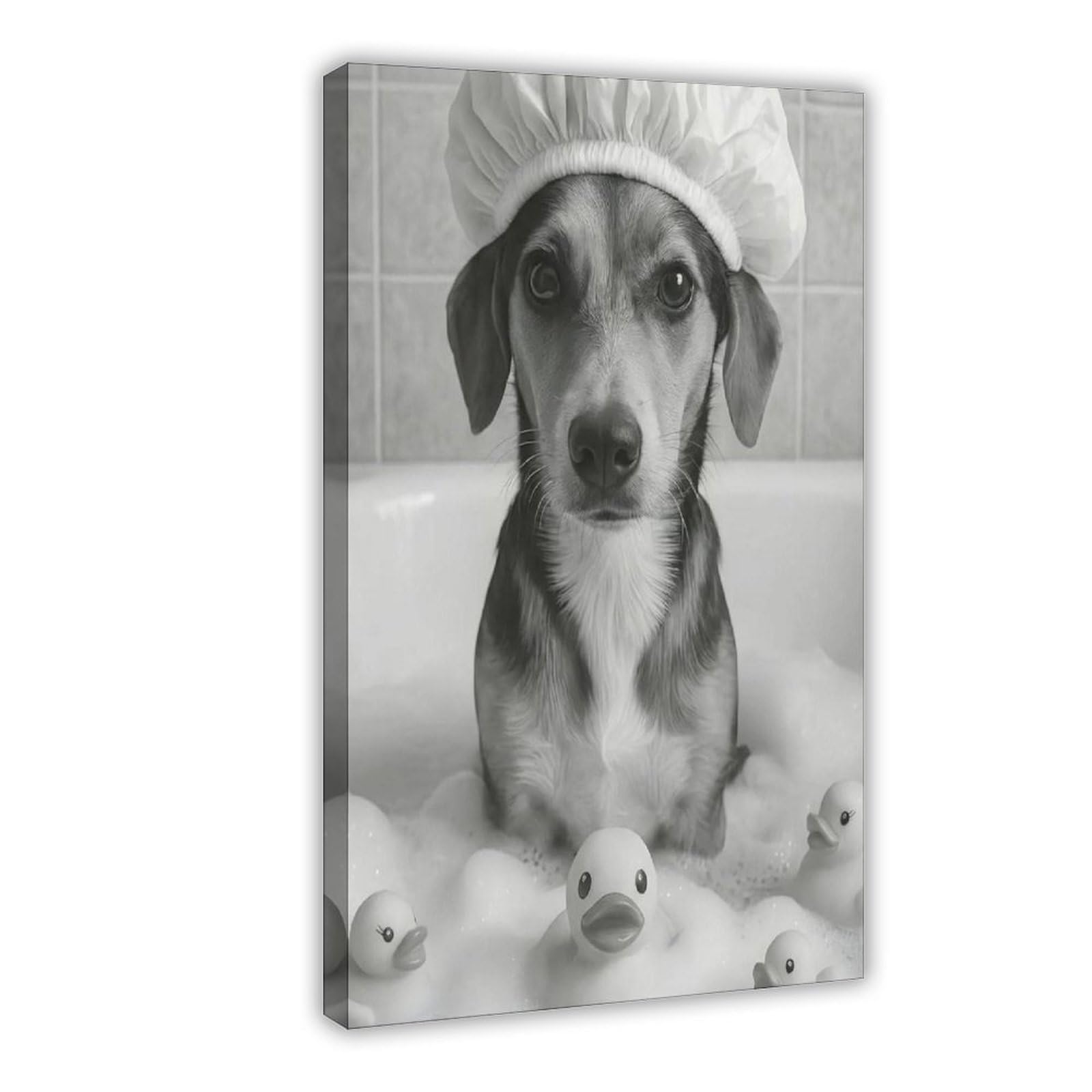 Lustiger Hund in der Badewanne, niedlicher Welpe mit Duschhaube, Leinwandposter, Wandkunst, Dekordruck, Bild Gemälde für Wohnzimmer, Schlafzimmer, Dekoration, 50,8 x 76,2 cm (L x B)