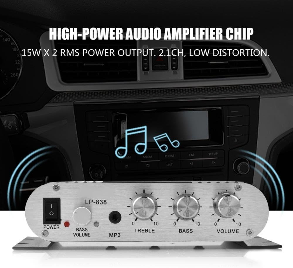 Rear view of the Zerone LP-838 amplifier showing RCA audio inputs, speaker terminals, and DC power input.