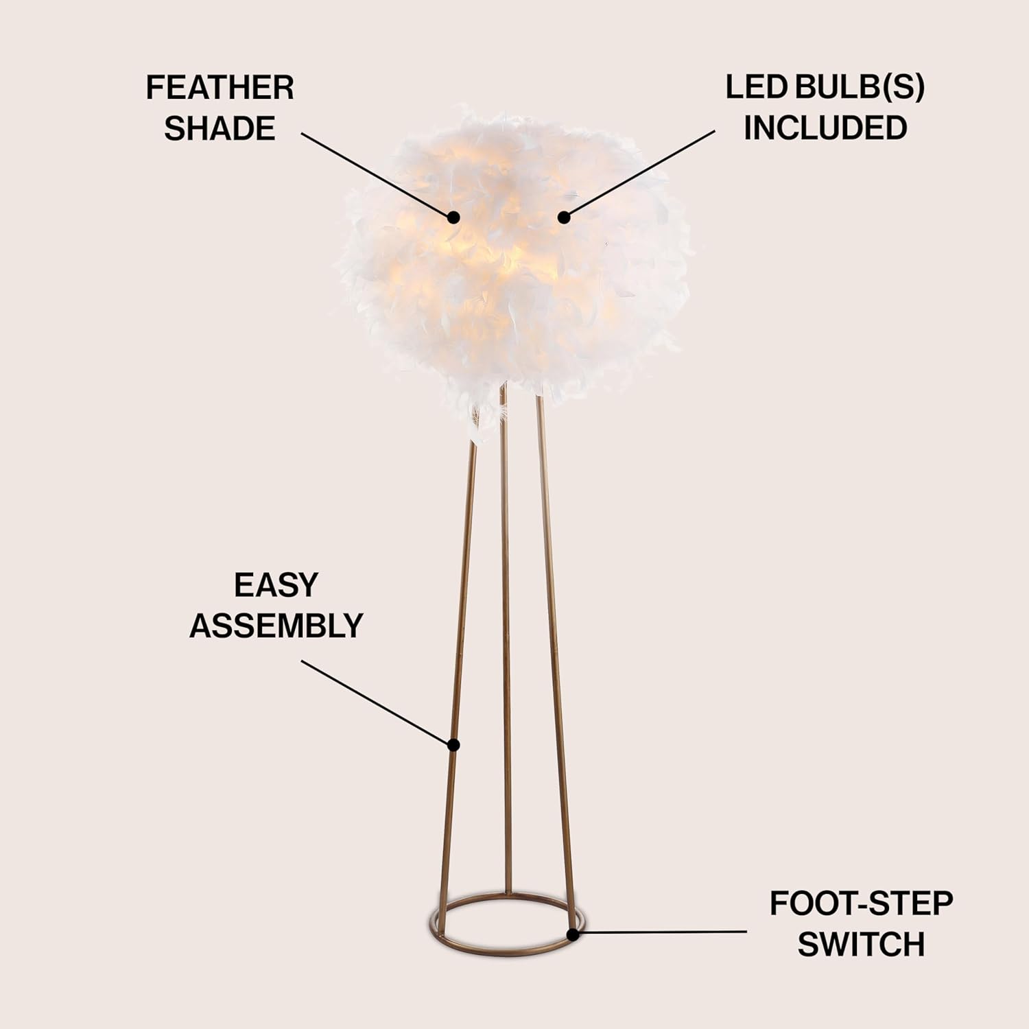 Glam 52" Arc White Feather Globe Shade Floor Lamp in Gold