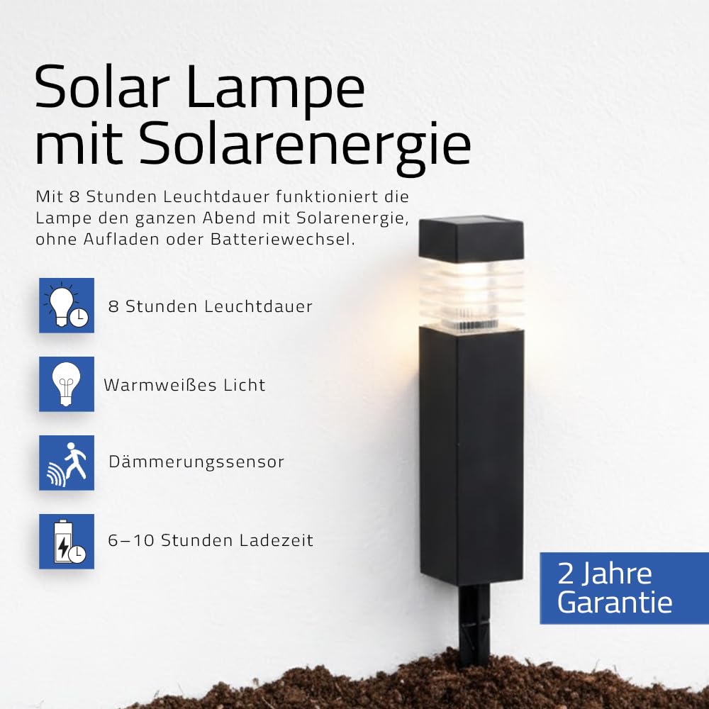 RexTech Solar Wegeleuchten Condor 8er-Set, Erdspieß, 3000K | 12 Lumen, Dämmerungssensor, bis zu 6 Stunden Laufzeit, für Wege, Beete und Rasen