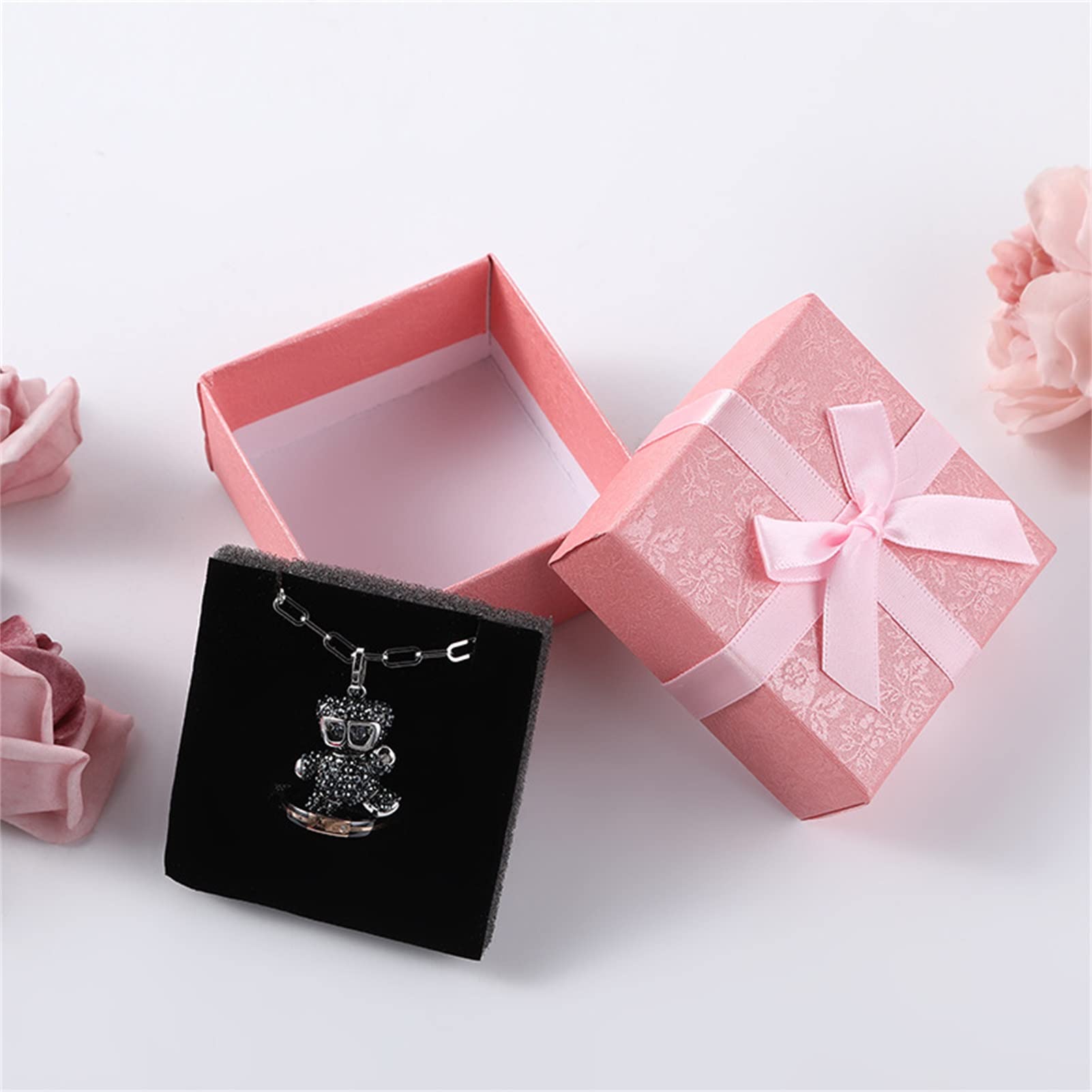 Restokki Bow Tie Gift Boxes Multipurpose English Letters Bow Tie Small Jewelry Boxes with Lid for Necklaces Earrings Rings (Pink/Solid Color 7.5 * 7.5 * 3.5 (including sponge))