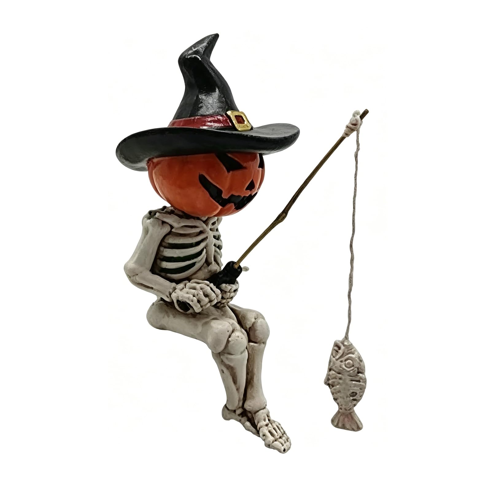 Sitting Skull Statue Decors Resin Halloween Fishing Skeleton Ornament, Eerie Single Figurine for Home Tabletop Party and Shop Display Scene Sitting Skull Statue Fishing Skeleton Ornament Resin Shelf