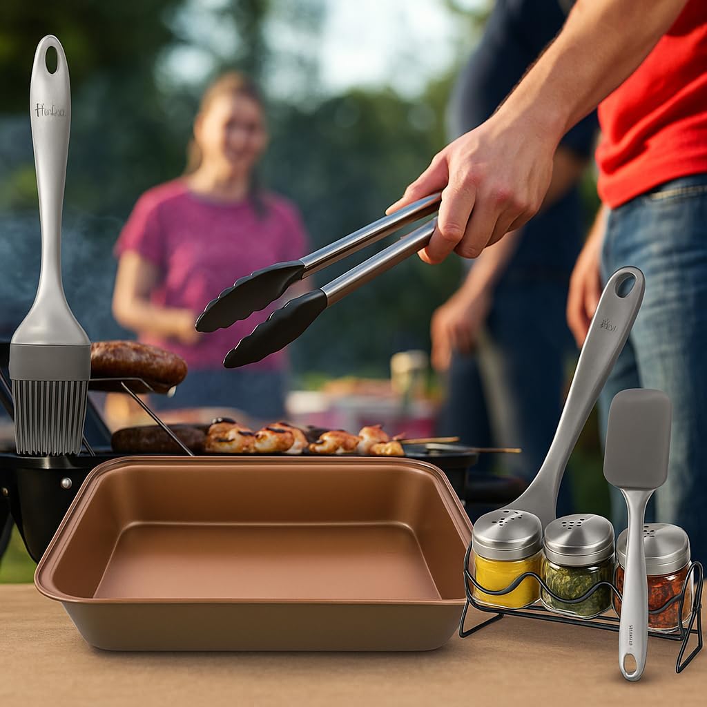 Rectangular Roasting Pan Bakeware + Grill and Barbecue+ Basting brush + Silicone Spatula + Racock organizer